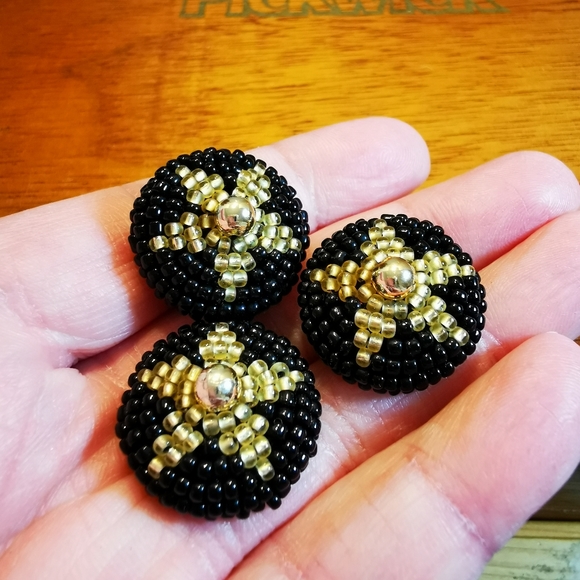 Vintage Round Black Plastic Beaded Black and Gold Star Sewing Buttons 3Pcs - Picture 8 of 11